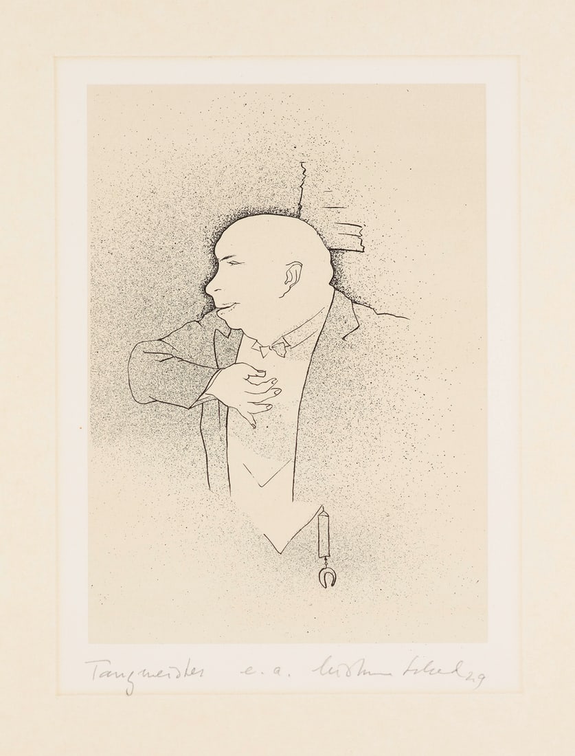 Christian Schad Tanzmeister. 1929. Lithografie auf Velin. 29,5 x 21,7 cm (59 x 42 cm). Signiert (Ex.: Neue SachlichkeitChristian SchadTanzmeister. 1929. Lithografie auf Velin. 29,5 x 21,7 cm (59 x 42 cm). Signiert (Ex. E.A.), datiert, betitelt und bezeichnet. - Partiell leicht gebräunt. Verso mit