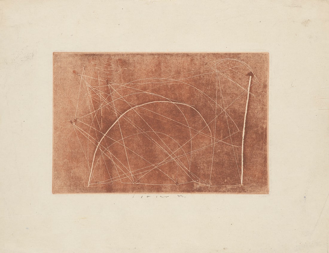 Josef Istler Abstrakte Komposition. 1944. Monotypie auf Maschinenbütten. Blattmaße 16 x 25: Tschechische ModerneJosef IstlerAbstrakte Komposition. 1944. Monotypie auf Maschinenbütten. Blattmaße 16 x 25 cm (30 x 39 cm). Signiert und datiert. Filligrane Komposition auf lehmbraunen Gr