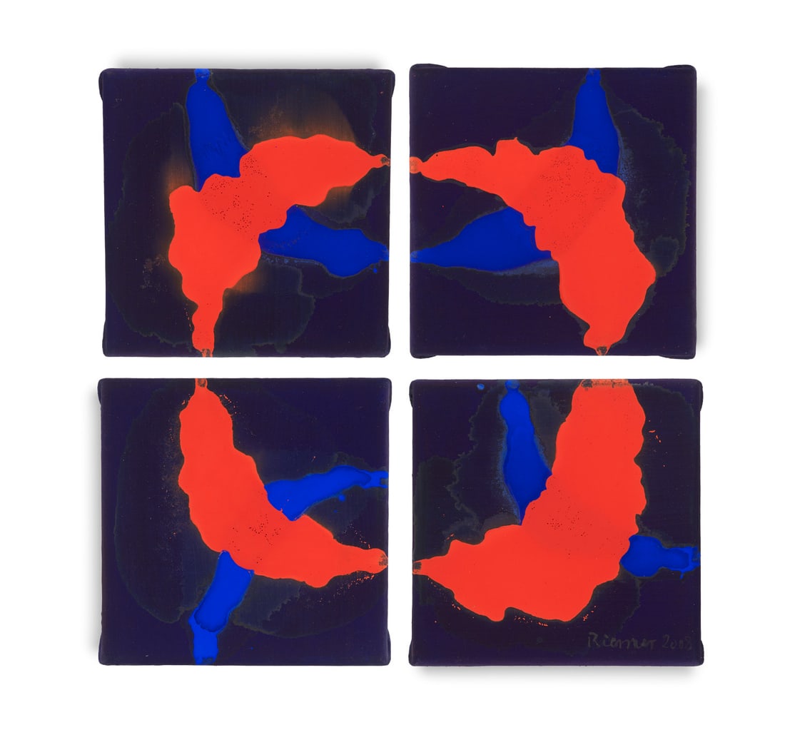 Angelik Riemer 4-teilige Arbeit. Cycle, red. 2008. Je Eitempera auf Leinwand. Je 18 x 18 cm. Verso: Angelik Riemer4-teilige Arbeit. Cycle, red. 2008. Je Eitempera auf Leinwand. Je 18 x 18 cm. Verso signiert, datiert, betitelt sowie mit weiteren Werksangaben und Anweisungen zur Installation. - An den