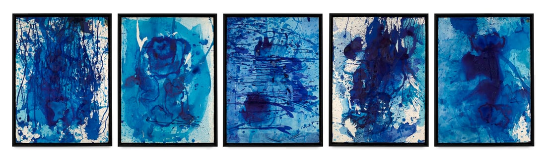 Bernd Schwarzer 5 Arbeiten Europabilder Blau-Gold. Ca. 1994-1996. Mischtechnik mit Acryl und Tusche: Bernd Schwarzer5 Arbeiten Europabilder Blau-Gold. Ca. 1994-1996. Mischtechnik mit Acryl und Tusche auf Velin auf Holzplatte aufgezogen. Je 47,5 x 65 cm. Ein Werk verso signiert und betitelt. Je im Sch