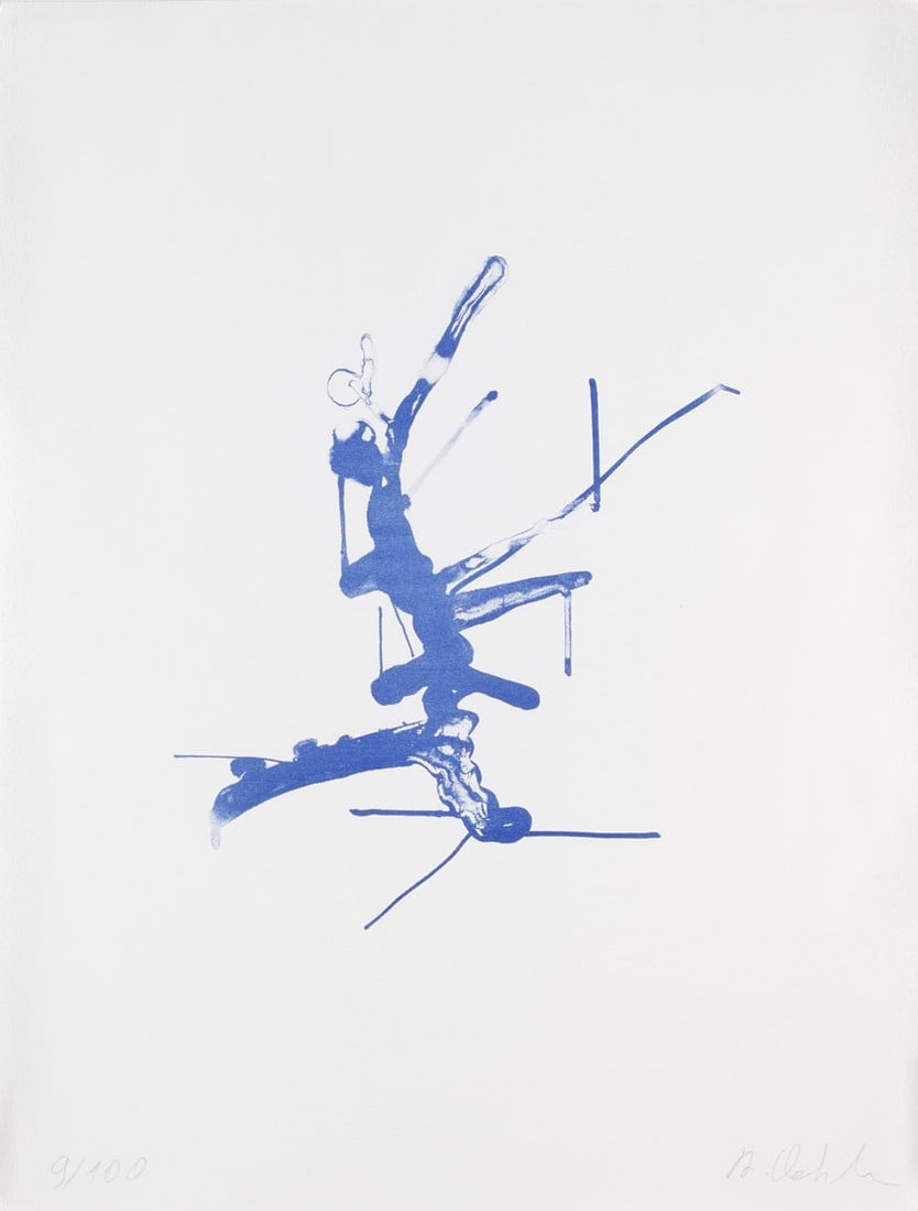 Albert Oehlen Blau. 2020. Lithographie in Blau auf Velin. 28 x 22,5 cm (50 x 38 cm). Signiert und: Albert OehlenBlau. 2020. Lithographie in Blau auf Velin. 28 x 22,5 cm (50 x 38 cm). Signiert und nummeriert, verso mit typographischem Editionsetikett. Punktuell auf Unterlage montiert und unter Glas 