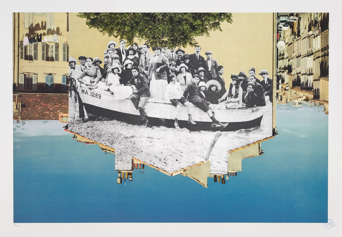 JR Group posing inside a boat moored on the beach. 2019. Farblithographie auf festem Velin. 61 x 92: StreetartJRGroup posing inside a boat moored on the beach. 2019. Farblithographie auf festem Velin. 61 x 92 cm (70 x 100,5 cm). Signiert, datiert, nummeriert und mit Künstlerstempel. - Insgesamt 