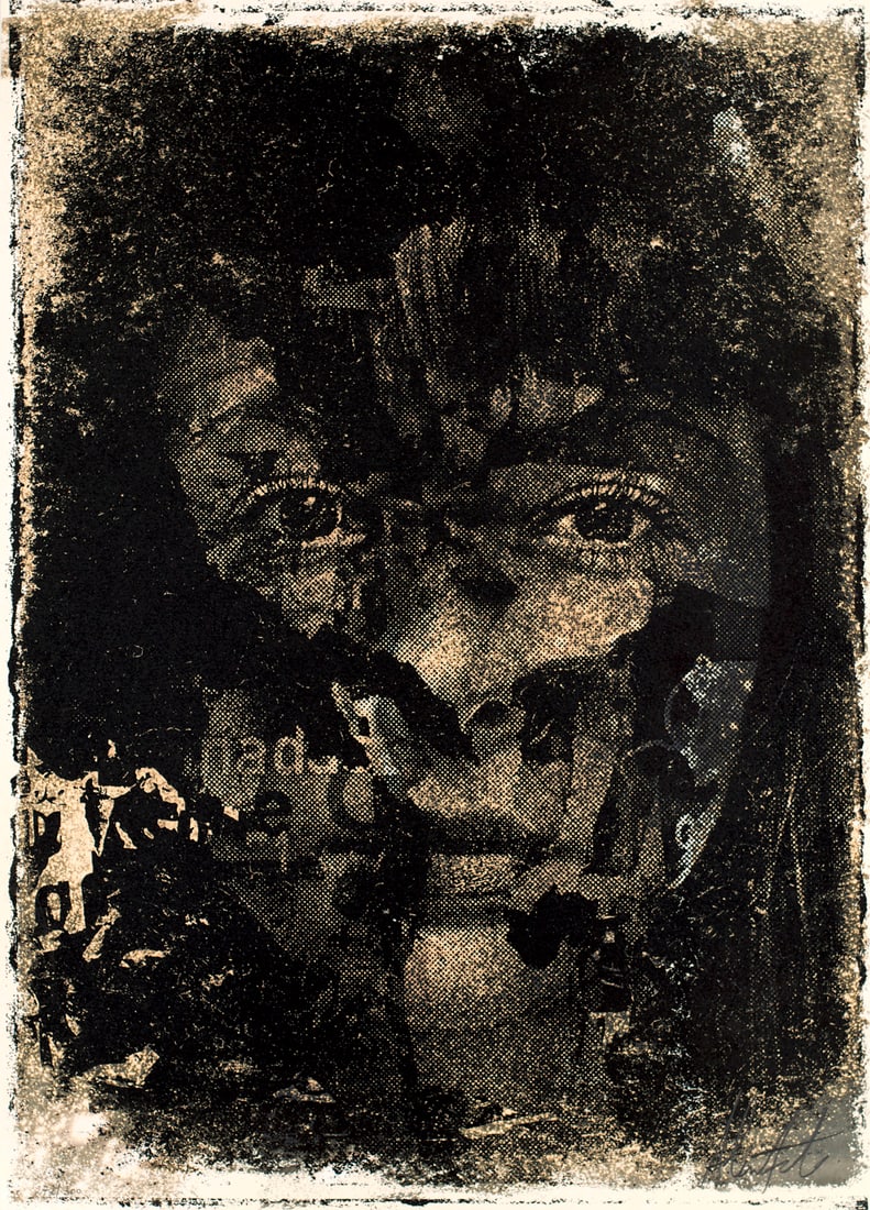 (Alexandre Farto) Vhil Oxymoron. 2020. Serigraphie überarbeitet mit Säure, Chlor und: Street Art(Alexandre Farto) VhilOxymoron. 2020. Serigraphie überarbeitet mit Säure, Chlor und Quink-Tinte auf festem Keaykolour original China White. 70 x 50 cm. Signiert und nummeriert. Mit