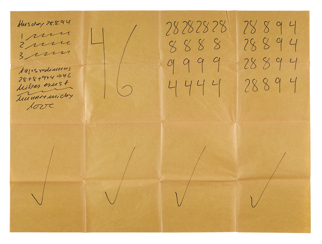 Hanne Darboven o.T. (this day 28.8.94). 1994. Faserschreiber auf gefaltetem Packpapier. 74,5 x 100: Hanne Darboveno.T. (this day 28.8.94). 1994. Faserschreiber auf gefaltetem Packpapier. 74,5 x 100 cm. Signiert, datiert und mit persönlicher Widmung. - Sichtbare Knickfalten, hier teils leicht ge