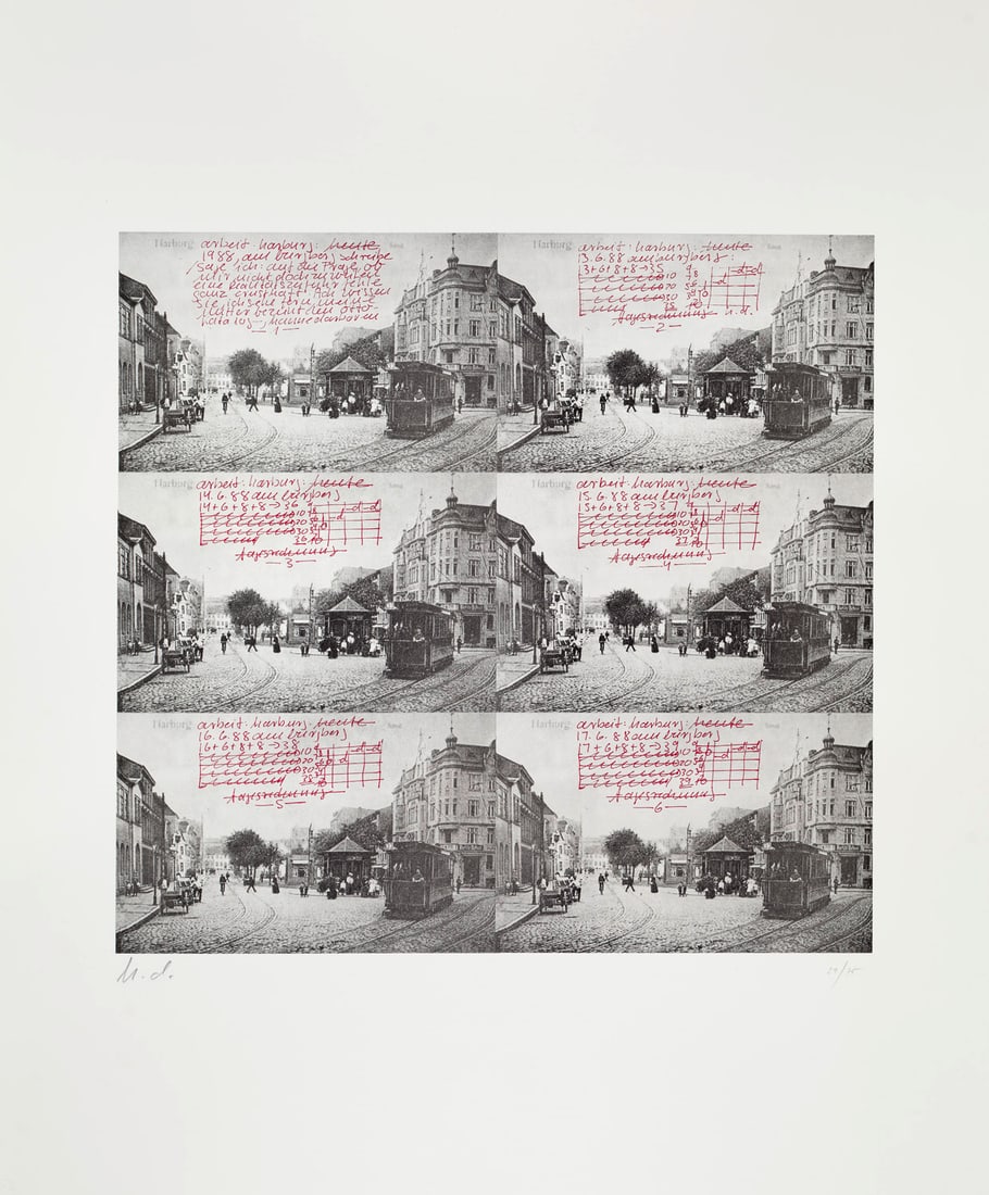 Hanne Darboven Harburg Sand. 1988. Farbserigraphie und Lichtdruck auf Rives Velin. 57 x 59,5 cm (97: Hanne DarbovenHarburg Sand. 1988. Farbserigraphie und Lichtdruck auf Rives Velin. 57 x 59,5 cm (97 x 80 cm). Signiert und nummeriert. - Insgesamt sehr gut. Ausgezeichneter Druck mit körnig-samten