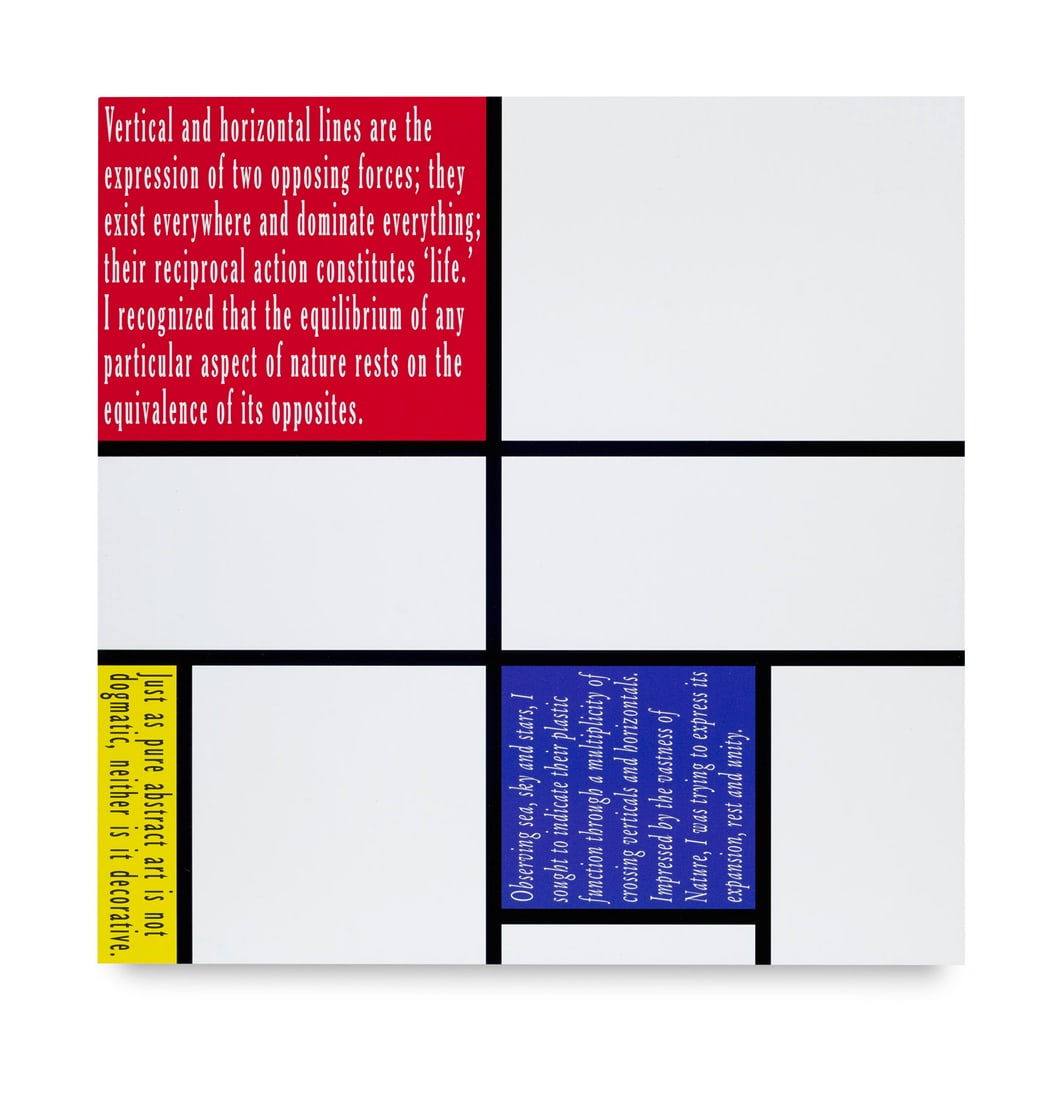 Joseph Kosuth Mondrian's Work V. 2023. Digitaler UV-Pigmentdruck mit glänzendem Schutzlack auf: Joseph KosuthMondrian's Work V. 2023. Digitaler UV-Pigmentdruck mit glänzendem Schutzlack auf Aluminium. 40 x 40 cm. Verso auf Etikett signiert und nummeriert. - Insgesamt sehr gut. Prachtvoller,