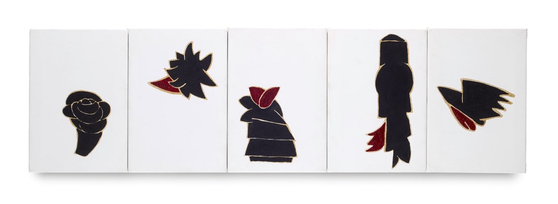 Marianne Eigenheer 5 Arbeiten. Ohne Titel (History is an Angel or Peterchens Mondfahrt). 1993. Je: Marianne Eigenheer5 Arbeiten. Ohne Titel (History is an Angel or Peterchens Mondfahrt). 1993. Je Acryl, Metallic und Aquarell auf Leinwand. Je 22 x 15 cm. Je verso signiert und datiert. - Je teils mit