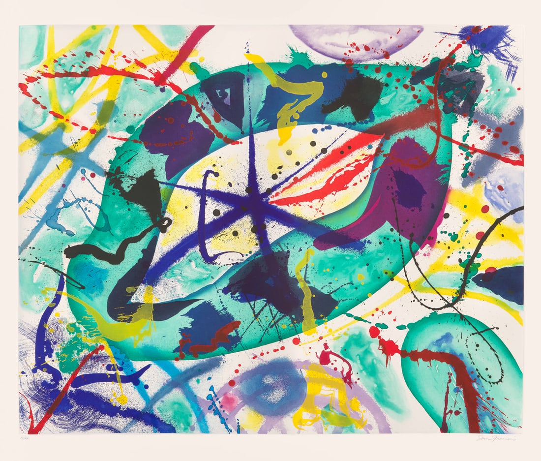 Sam Francis Trietto 1. 1991. Farbaquatinta auf festem Velin. 97,5 x 120 cm (134,5 x 166,2 cm).: Amerikanische ModerneSam FrancisTrietto 1. 1991. Farbaquatinta auf festem Velin. 97,5 x 120 cm (134,5 x 166,2 cm). Signiert und nummeriert. - Gering angestaubt, sehr wenige, leichte Griff- und Knicksp