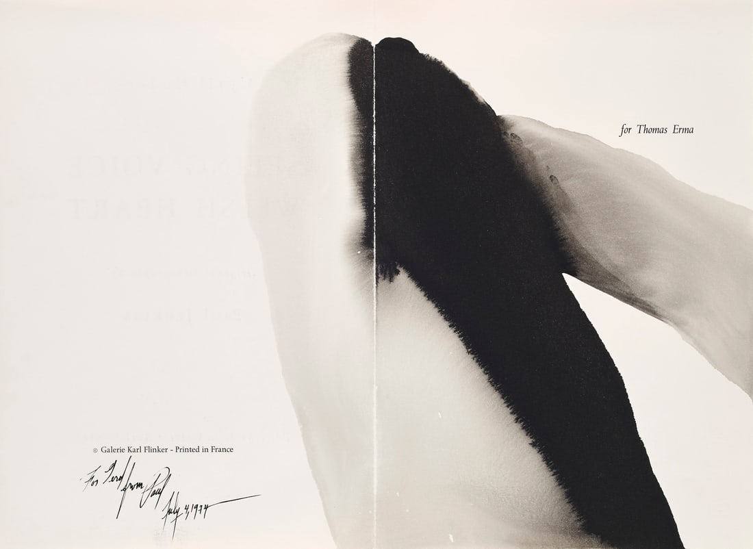 Paul Jenkins Seeing Voice Welsh Heart. 1965. Phenomena-Zeichnung in laviertem schwarzem Pigment: Paul JenkinsSeeing Voice Welsh Heart. 1965. Phenomena-Zeichnung in laviertem schwarzem Pigment sowie 7 Original-Lithographien (inkl. Schuber) zu Texten von Cyril Hodges. Je gefaltete Bögen auf ch