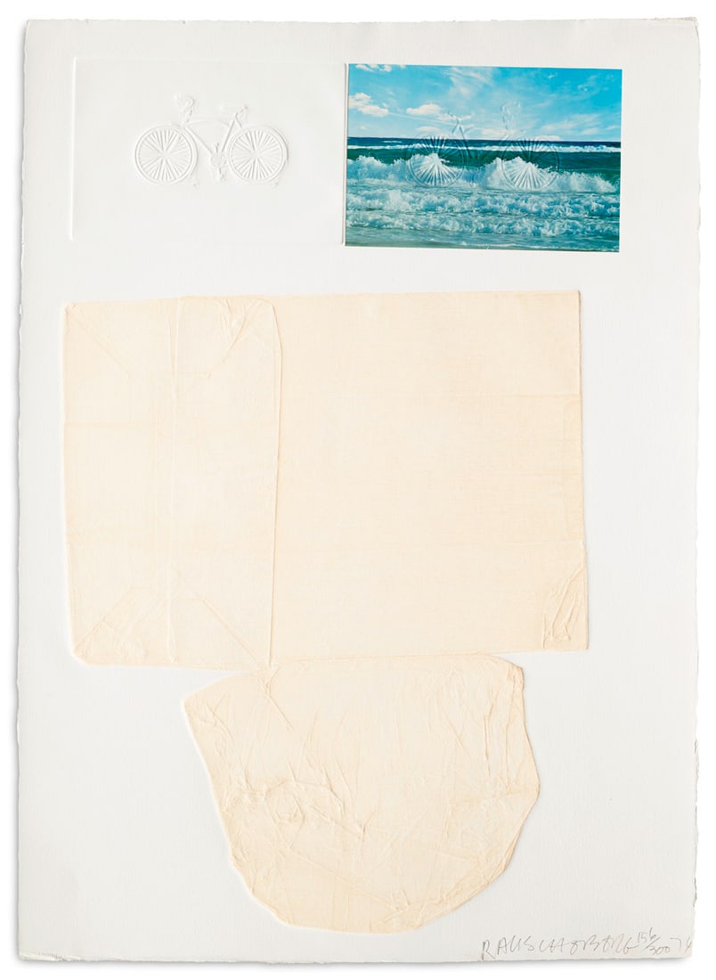 Robert Rauschenberg The Tramp. 1974. Farbaquatinta in Rosabeige mit Prägedruck und collagierter: Robert RauschenbergThe Tramp. 1974. Farbaquatinta in Rosabeige mit Prägedruck und collagierter Photographie in Farboffset auf festem, fein genarbtem Velin. 72 x 46 cm (78,5 x 56,5 cm). Signiert, 