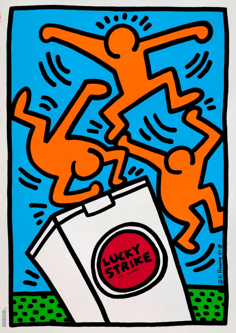 Keith Haring Lucky Strike I.-III. 1987. 3 Serigraphien. Je Farbserigraphie auf Velin. 96 x 64,5 cm: Keith HaringLucky Strike I.-III. 1987. 3 Serigraphien. Je Farbserigraphie auf Velin. 96 x 64,5 cm (100 x 70 cm). Im Druck signiert und datiert. Mit typographischen Angaben zum Druck im Blattrand. - Im