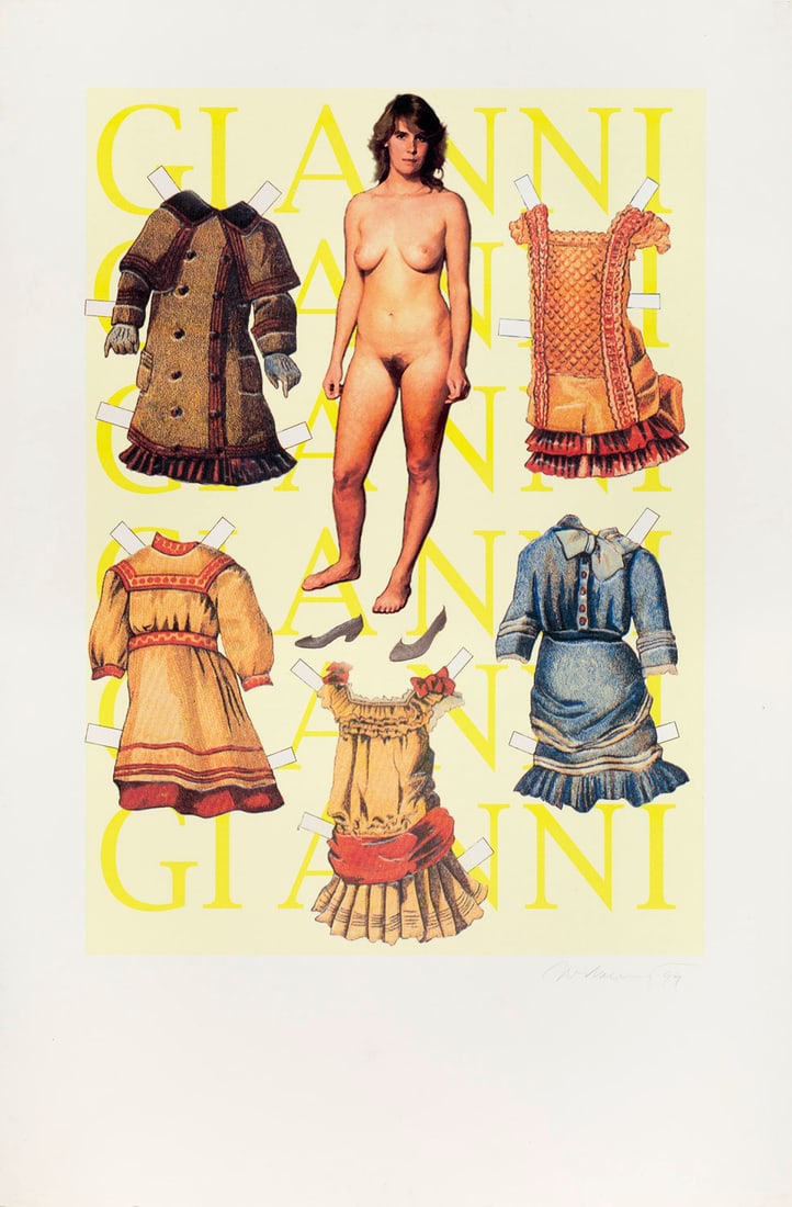 Mel Ramos Gianni. 1999. Offset-Lithographie auf festem Velin. 71 x 50,5 cm (100 x 77 cm). Signiert: ModeMel RamosGianni. 1999. Offset-Lithographie auf festem Velin. 71 x 50,5 cm (100 x 77 cm). Signiert und datiert. Punktuell auf Unterlage montiert. - Punktuell zarte Griffspuren, verso mit Bezeichnun