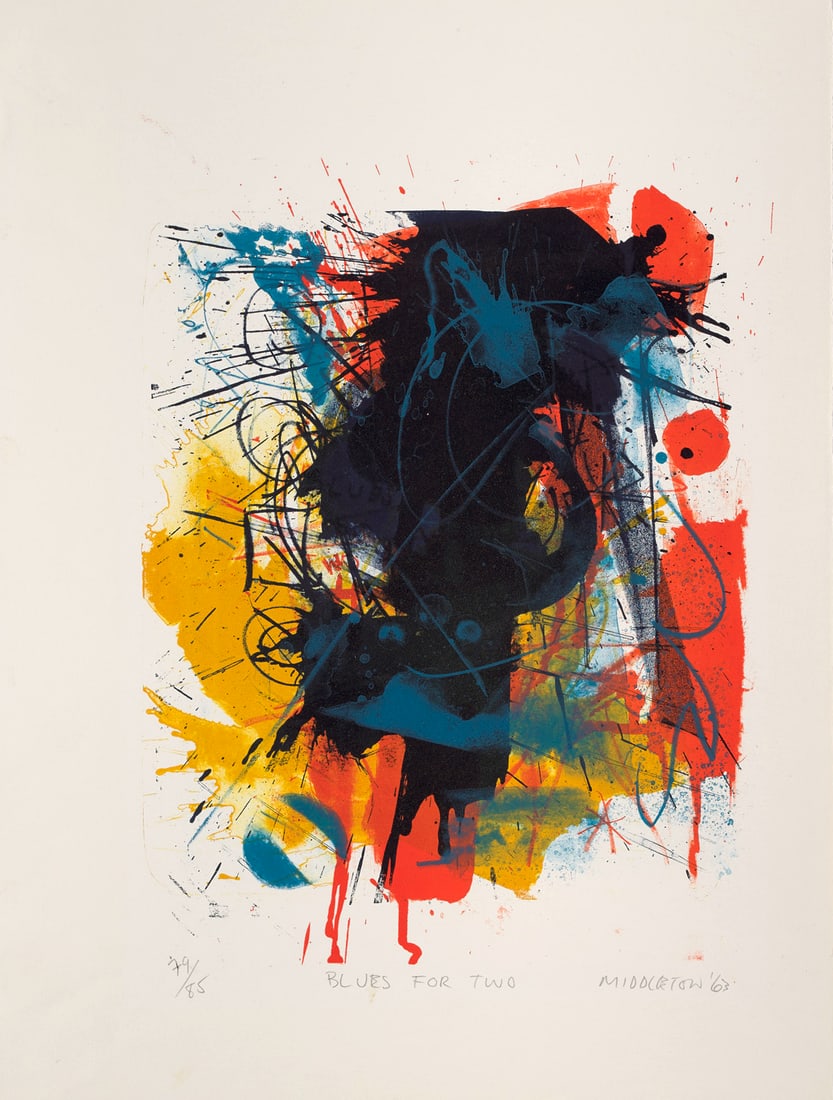 Sam Middleton Blues for two. 1963. Farblithographie auf Velin. 37,6 x 29,3 cm (53,3 x 39,6 cm).: Amerikanische ModerneSam MiddletonBlues for two. 1963. Farblithographie auf Velin. 37,6 x 29,3 cm (53,3 x 39,6 cm). Signiert, datiert, betitelt und nummeriert. Punktuell auf Passepartoutrückseite