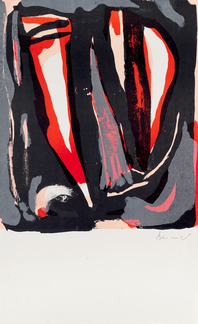 Bram van Velde o.T. 1978. Fabrlithographie auf dünnem, leichtem Velin. 49,2 x 42 cm (68,5 x 42: Belgische ModerneBram van Veldeo.T. 1978. Fabrlithographie auf dünnem, leichtem Velin. 49,2 x 42 cm (68,5 x 42 cm). Signiert. - Sehr leichte Griffspuren, v.a. im Unterrand, obere Ecken und rechte