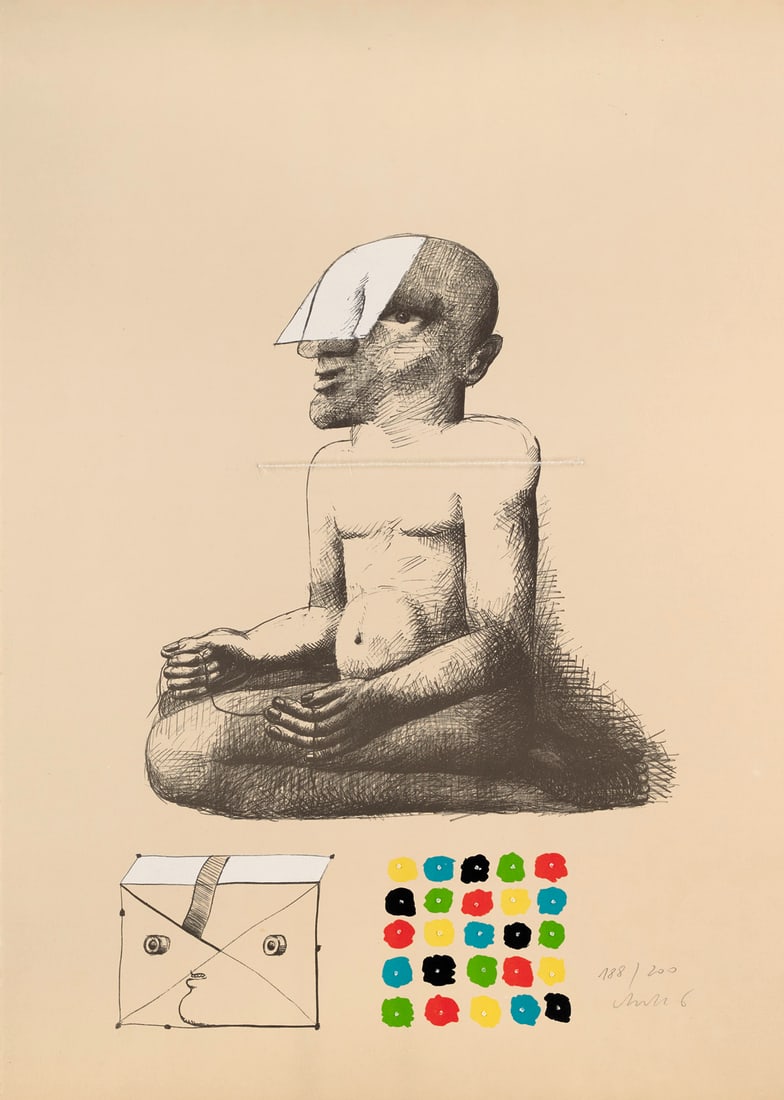 Horst Antes Sitzende Figur mit mag. Farbquadrat. 1971. Farblithographie mit weißem Faden auf: Deutsche NachkriegsmoderneHorst AntesSitzende Figur mit mag. Farbquadrat. 1971. Farblithographie mit weißem Faden auf Japanbütten. 70 x 50 cm. Signiert und nummeriert. - Kaum merkliche Knick