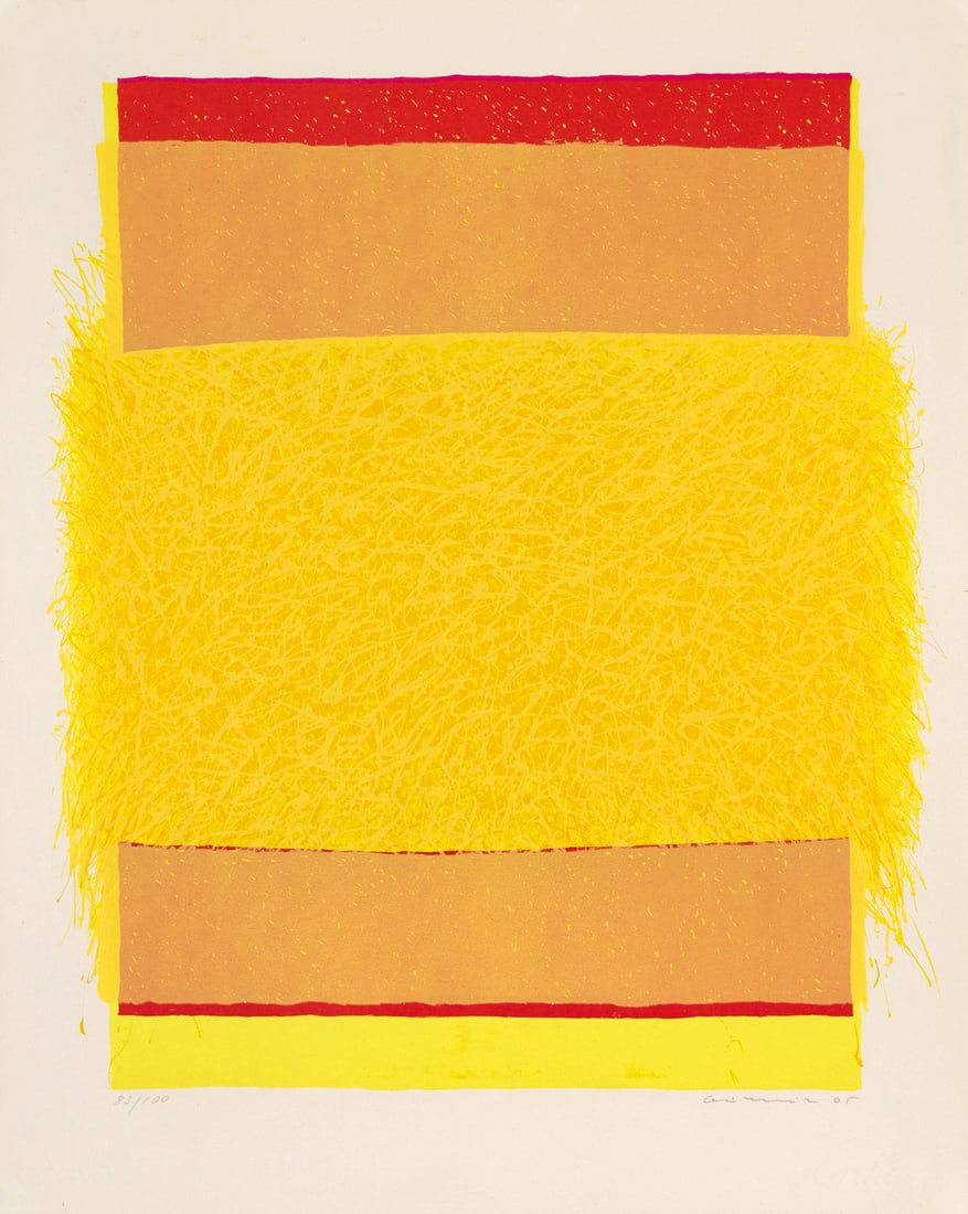 Bernd Berner o.T. (Flächenraum in Gelb auf Rot). 1965. Farblithographie auf Arches-Velin. 44,5: Deutsche NachkriegsmoderneBernd Bernero.T. (Flächenraum in Gelb auf Rot). 1965. Farblithographie auf Arches-Velin. 44,5 x 39,5 cm (53,8 x 43 cm). Signiert, datiert und nummeriert. - Leichte Griff