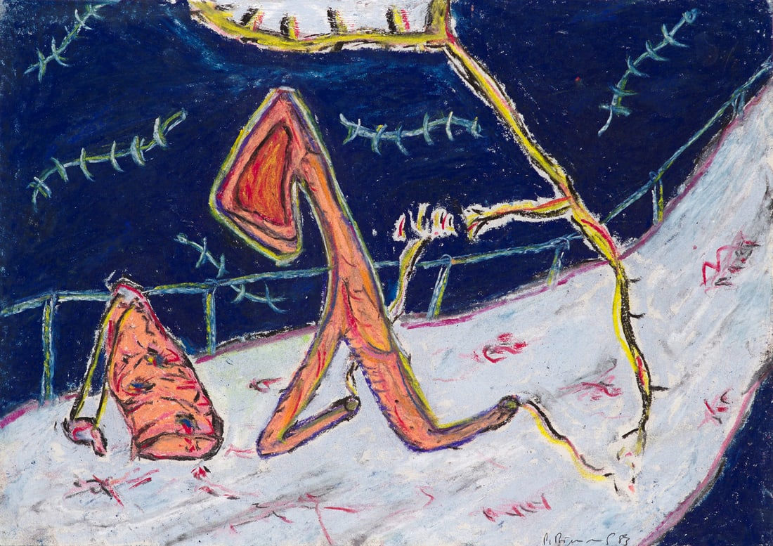 Peter Bömmels Geißelung. 1983. Pastellkreide auf dünnem Velin. 21 x 29,7 cm. Signiert: Deutsche NachkriegsmodernePeter BömmelsGeißelung. 1983. Pastellkreide auf dünnem Velin. 21 x 29,7 cm. Signiert und datiert. In den oberen Ecken im Passepartout freigestellt. - Materialb