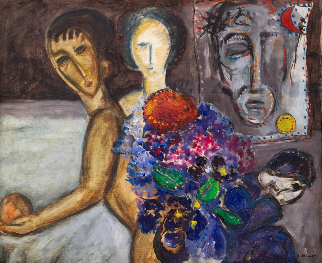 Ulrich Brämer Verbotene Frucht gebiert das Leid. 1969. Öl auf Leinwand. 50 x 60 cm.: Deutsche NachkriegsmoderneUlrich BrämerVerbotene Frucht gebiert das Leid. 1969. Öl auf Leinwand. 50 x 60 cm. Signiert, verso auf Etikett bezeichnet. - Vereinzelt leichte Stockflecken. Insges