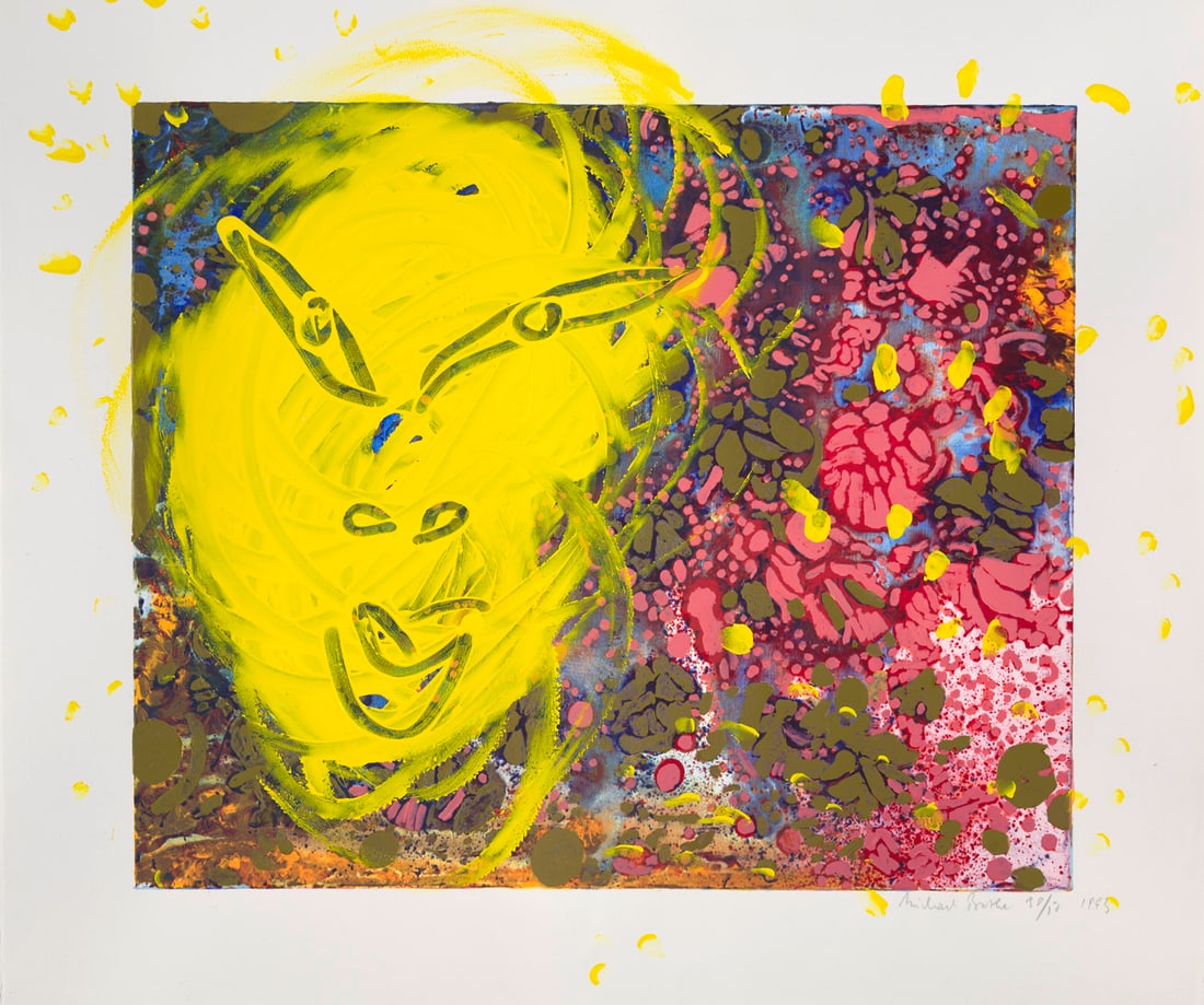 Michael Buthe Gartenblüten I. 1993. Serigraphie auf Rives-Velin (m. Wz.). Mit Acrylfarbe vom: Deutsche NachkriegsmoderneMichael ButheGartenblüten I. 1993. Serigraphie auf Rives-Velin (m. Wz.). Mit Acrylfarbe vom Künstler unikatär bearbeitet. 67,3 x 80,5cm. Signiert, datiert und 