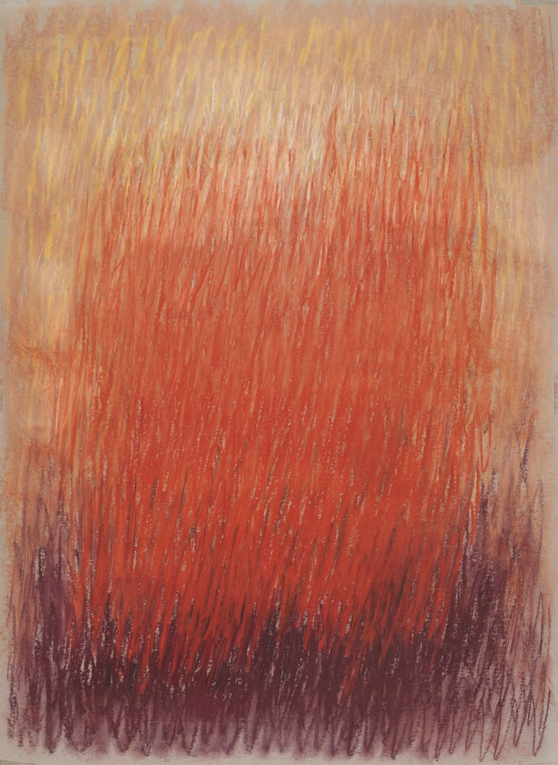 Gerda Henning o.T. (Komposition in Gelb, Orange und Dunkelrot). 1980er Jahre. Pastellkreide auf: Deutsche NachkriegsmoderneGerda Henningo.T. (Komposition in Gelb, Orange und Dunkelrot). 1980er Jahre. Pastellkreide auf Malkarton. 70 x 50 cm. Verso mit Nachlassstempel. - Papier mit leichten Farbfle