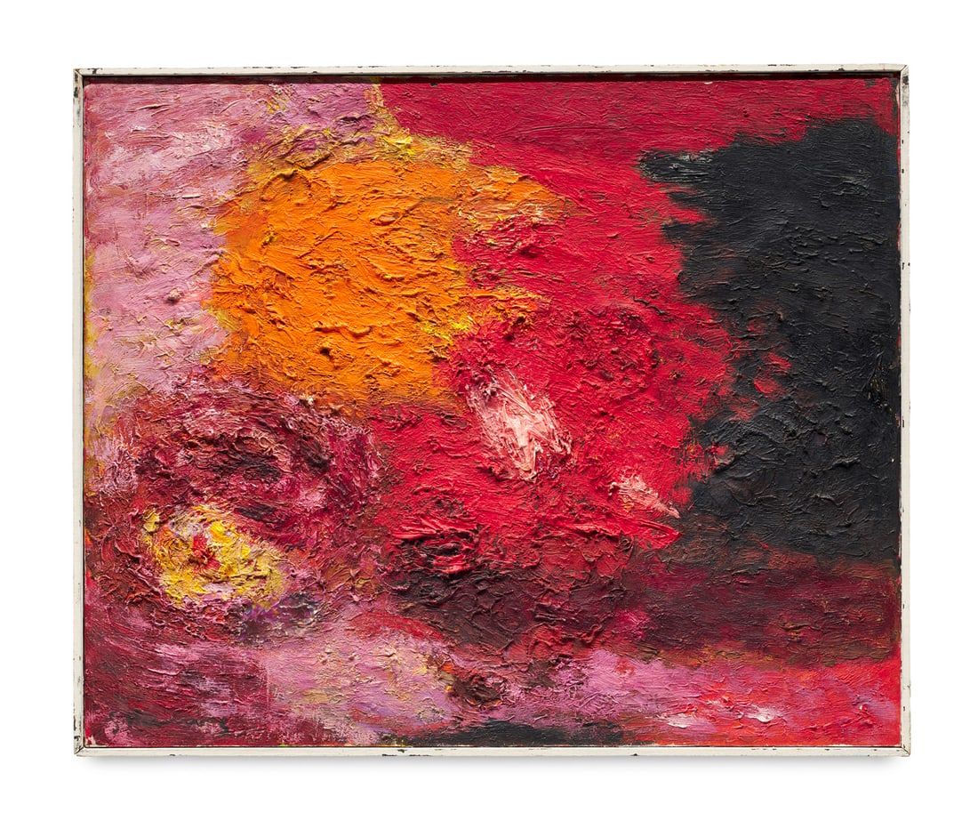 Gerda Henning o.T. (Komposition in Rot, Schwarz und Orange). 1964. Öl auf Leinwand. 47,3 x 57,5: Deutsche NachkriegsmoderneGerda Henningo.T. (Komposition in Rot, Schwarz und Orange). 1964. Öl auf Leinwand. 47,3 x 57,5 cm. Signiert, verso signiert, datiert, mit Nachlassstempel und Galerieetik