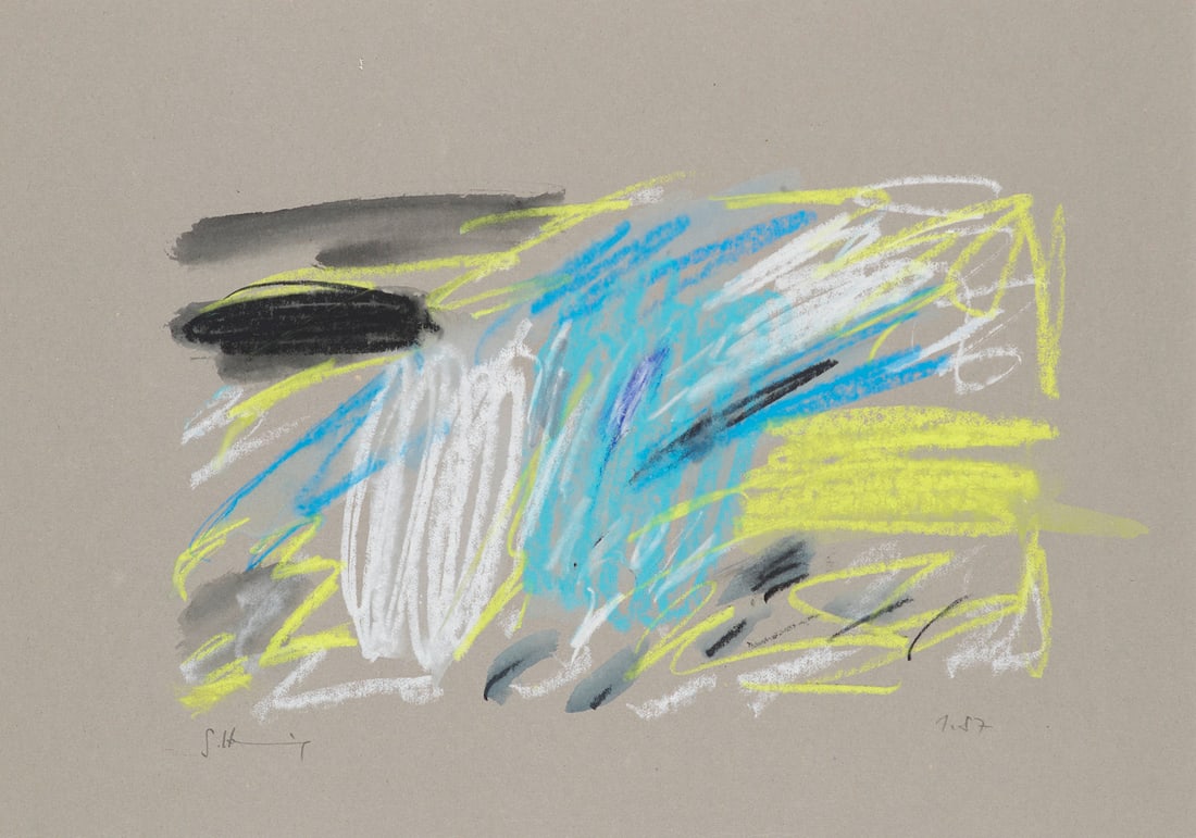Gerda Henning o.T. (Komposition in Türkis, Gelb und Weiß). 1987. Pastell auf Malkarton,: Deutsche NachkriegsmoderneGerda Henningo.T. (Komposition in Türkis, Gelb und Weiß). 1987. Pastell auf Malkarton, laviert. 15,2 x 25,5 cm (24,7 x 35 cm). Signiert und datiert, verso mit Nachl