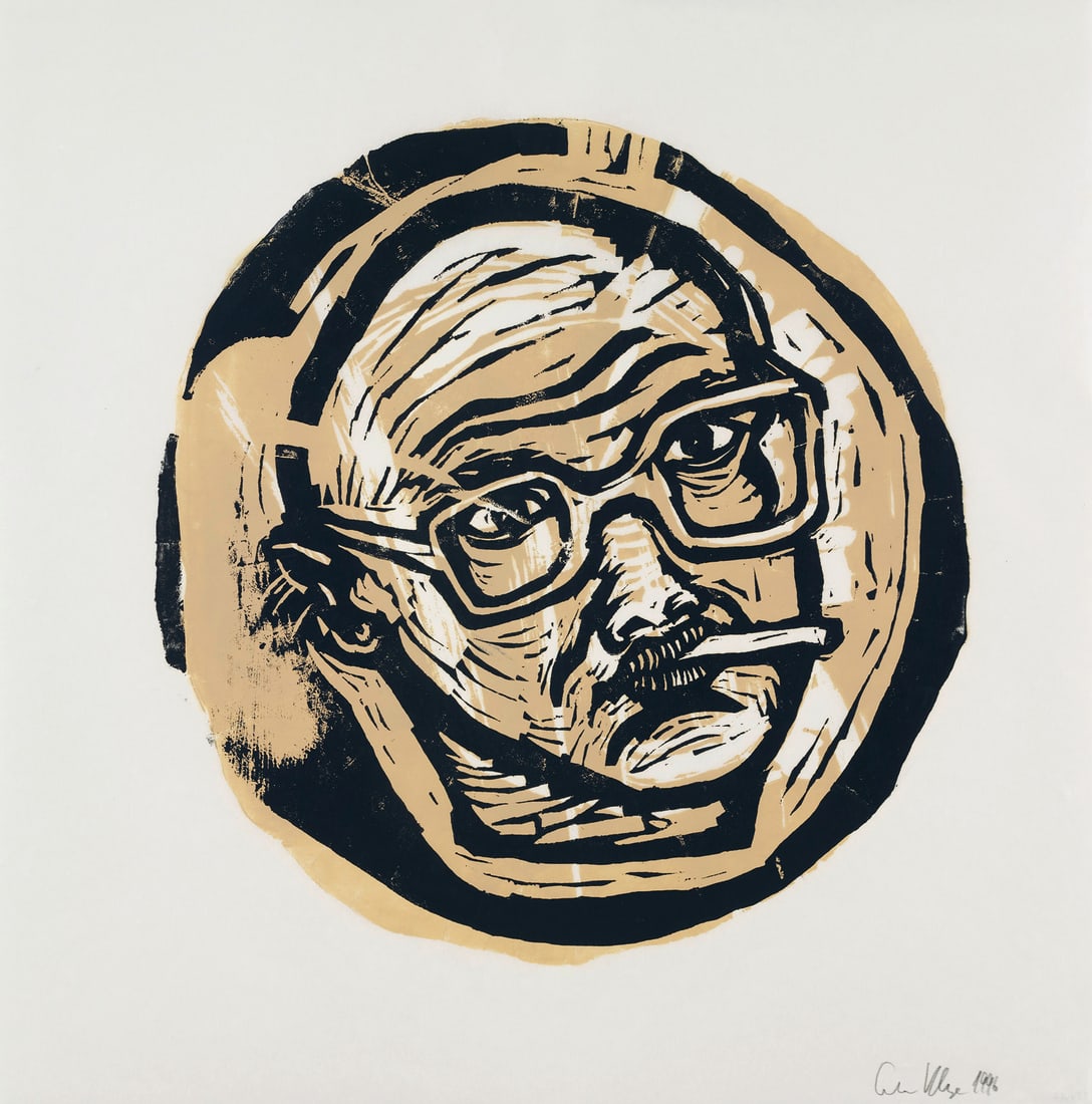 Gustav Kluge 2 Arbeiten. "Bedeckter Kopf" und "Bloßer Kopf". 1996. Je Farbdruck von Holz und: Deutsche NachkriegsmoderneGustav Kluge2 Arbeiten. "Bedeckter Kopf" und "Bloßer Kopf". 1996. Je Farbdruck von Holz und Linoleum auf Japan. Blattmaß je 62 x 62 cm. Je signiert und datiert. Je 