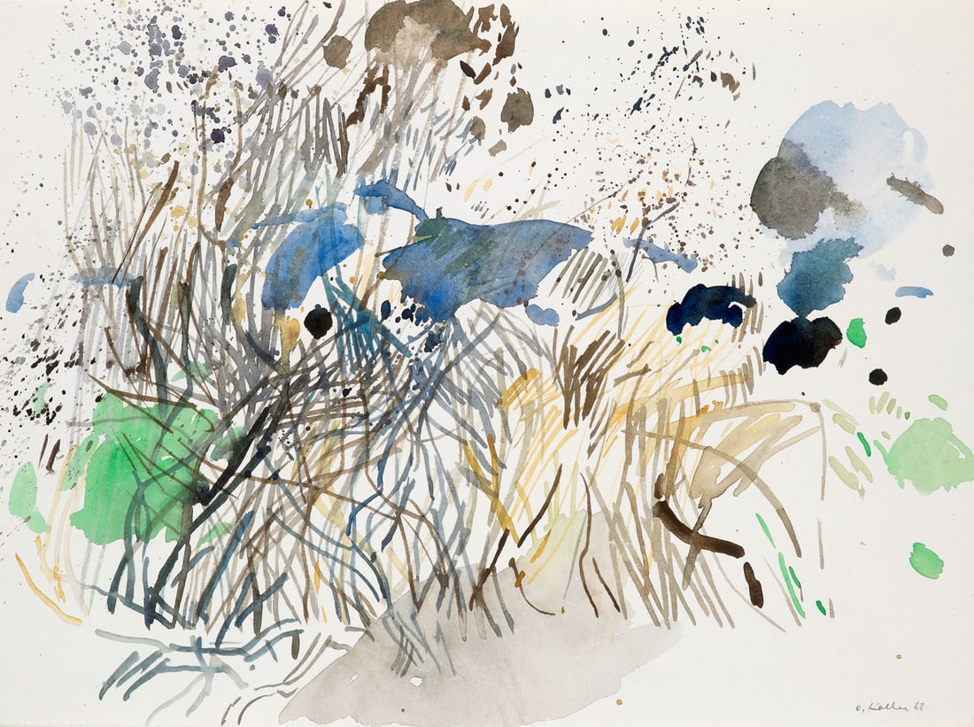 Oskar Koller Abstrakte Landschaftskomposition. 1968. Aquarell auf genarbtem Velin. 28 x 38 cm.: Deutsche NachkriegsmoderneOskar KollerAbstrakte Landschaftskomposition. 1968. Aquarell auf genarbtem Velin. 28 x 38 cm. Signiert und datiert. - Ecken kaum merklich berieben. Insgesamt sehr gut, leucht