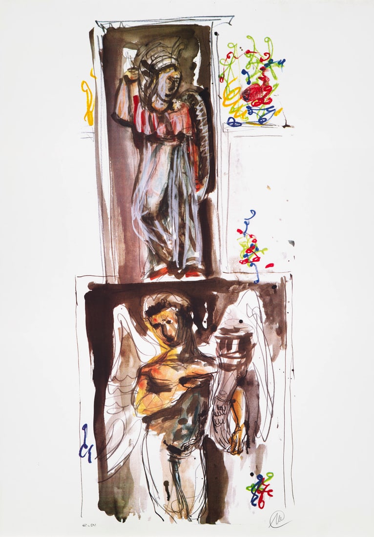 Markus Lüpertz 2 Arbeiten. Hommage á Schinkel. Ca. 2007. Je Farboffsetlithographie auf: Deutsche NachkriegsmoderneMarkus Lüpertz2 Arbeiten. Hommage á Schinkel. Ca. 2007. Je Farboffsetlithographie auf Veln. Blattgröße bis 98,3 x 69 cm. Je monogrammiert und bezeichnet "