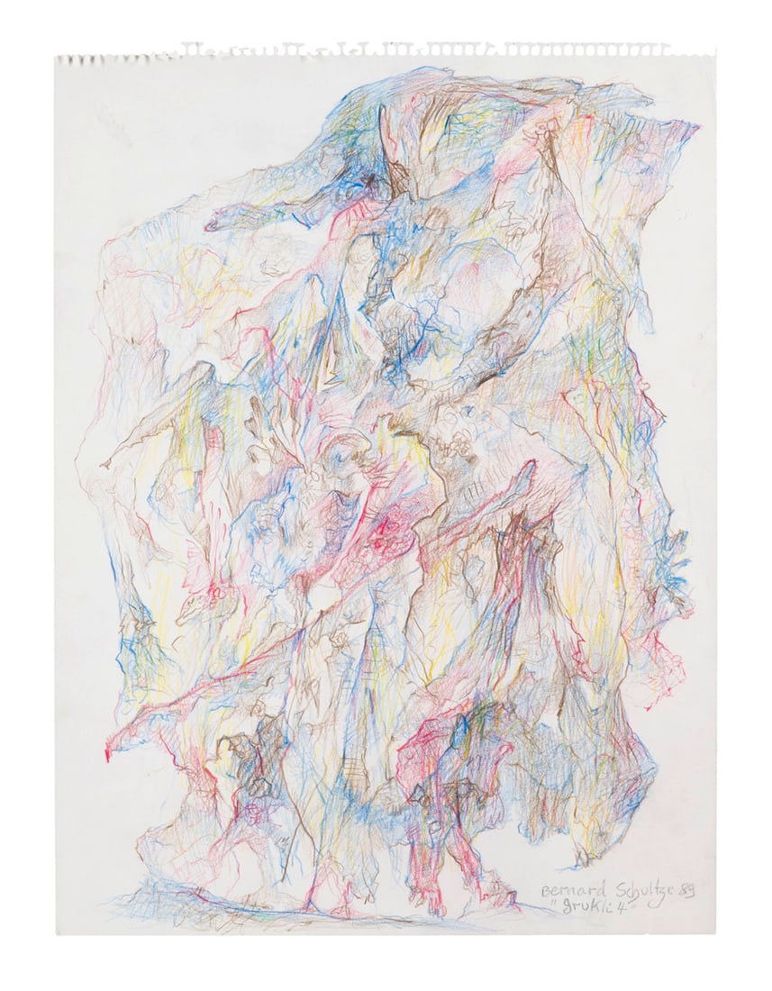 Bernard Schultze grukli 4. 1989. Farbstift auf Velin. 40 x 30 cm. Signiert, datiert und betitelt. -: Deutsche NachkriegsmoderneBernard Schultzegrukli 4. 1989. Farbstift auf Velin. 40 x 30 cm. Signiert, datiert und betitelt. - Recto und verso mit leichten Flecken, sowie dezent griffspurig, oben mit Re