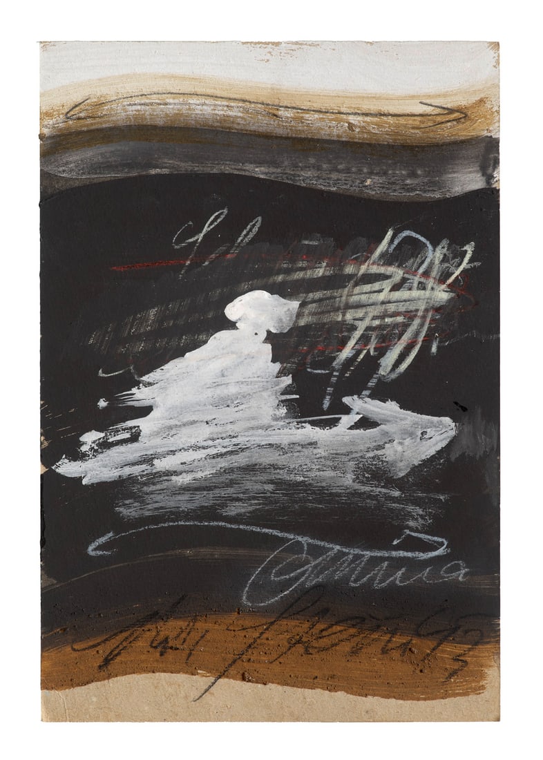 Matthias Stein Omina. 1993. Mischtechnik auf Papier. 35 x 23,5 cm. Signiert, betitelt und datiert,: Deutsche NachkriegsmoderneMatthias SteinOmina. 1993. Mischtechnik auf Papier. 35 x 23,5 cm. Signiert, betitelt und datiert, verso zusätzlich mit dem Stempel der Galerie Oben. - An den Kanten part