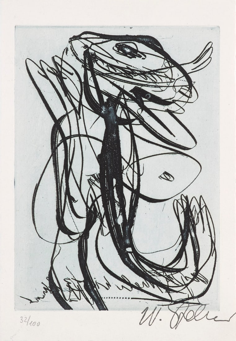 Walter Stöhrer o.T. Um 1997. Aquatintaradierung auf Velin. 18 x 13 cm (21,8 x 15,5 cm).: Deutsche NachkriegsmoderneWalter Stöhrero.T. Um 1997. Aquatintaradierung auf Velin. 18 x 13 cm (21,8 x 15,5 cm). Drucksigniert und nummeriert. In Punkten unter Passepartout montiert. - Die Ecken 