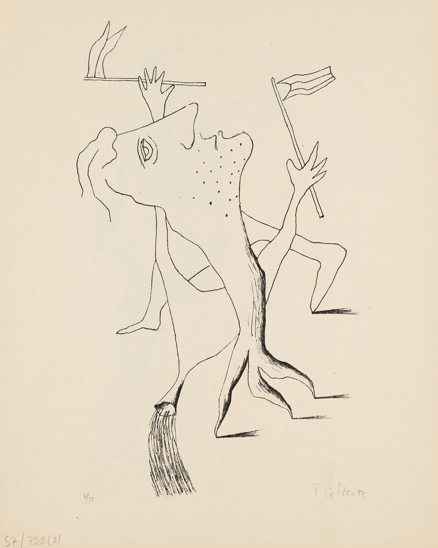 Heinz Trökes 5 Lithographien. Je 1947. Je Federlithographie auf Velin. Je 27 x 20 cm (33 x 27: Deutsche NachkriegsmoderneHeinz Trökes5 Lithographien. Je 1947. Je Federlithographie auf Velin. Je 27 x 20 cm (33 x 27 cm). Je signiert, datiert und nummeriert, teils mit Bezeichnung von fremder 
