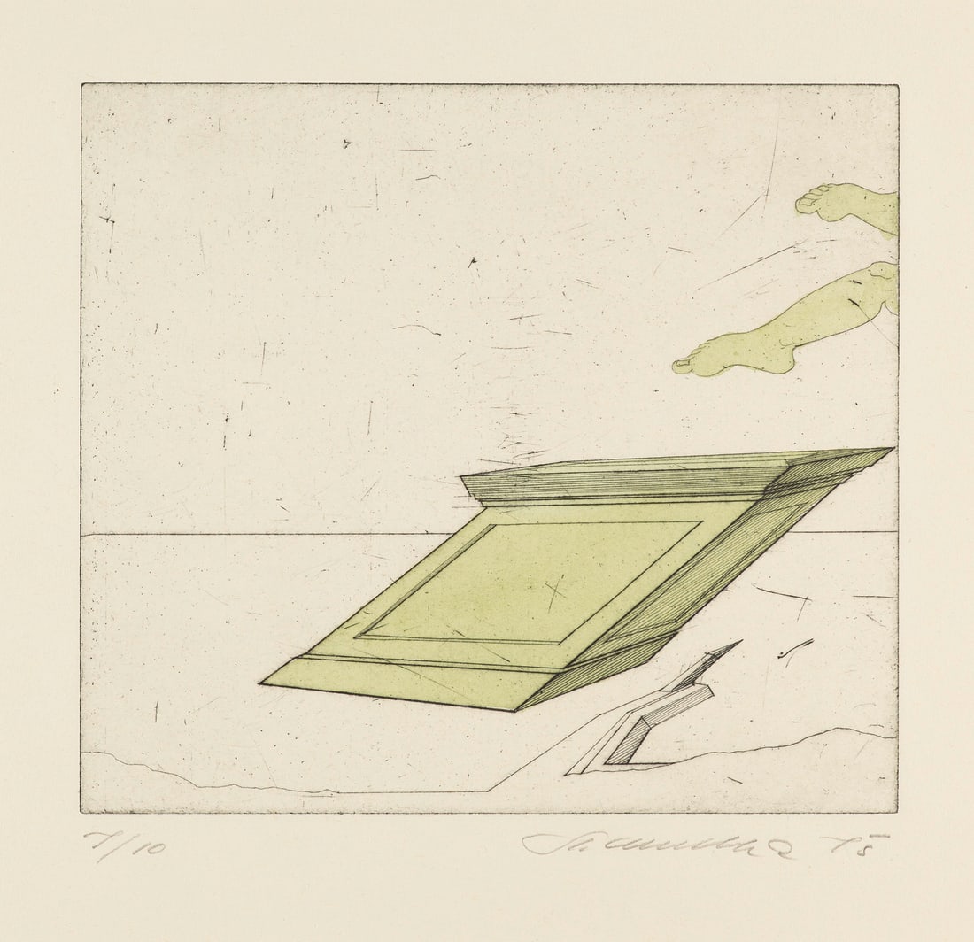 Stefan Wewerka o.T. 1975. Farbradierung auf Velin. 22,2 x 24,6 cm (39,6 x 36,6 cm). Signiert,: Deutsche NachkriegsmoderneStefan Wewerkao.T. 1975. Farbradierung auf Velin. 22,2 x 24,6 cm (39,6 x 36,6 cm). Signiert, datiert und nummeriert. Punktuell auf Unterlage montiert und im Passepartout frei