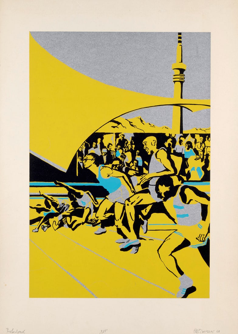 Hans Peter Zimmer Olympia. 1968. Farbserigrafie auf Velin. 50 x 34 cm (63 x 45 cm). Signiert, (1 of 1)
