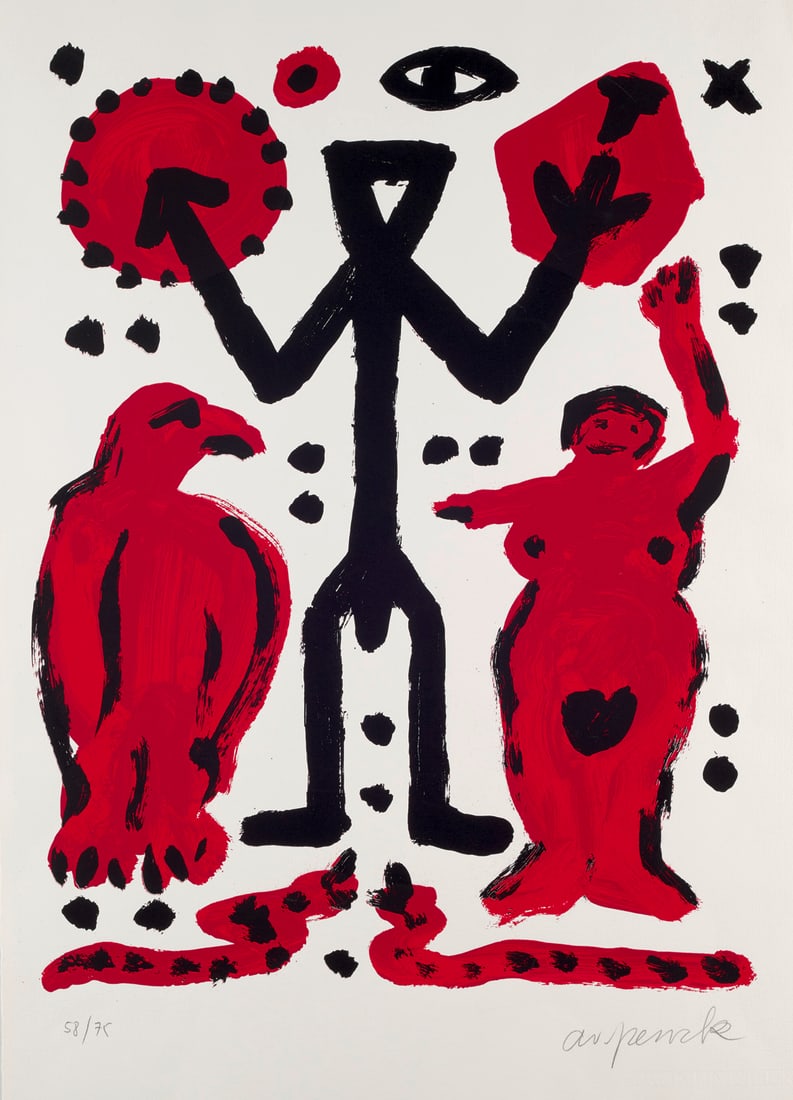 A. R. Penck Adler, aus: Standart West. 1993. Farbserigraphie auf Hahnemühle-Velin (m.Wz.). 58,5: Deutsche Nachkriegsmoderne - Neue WildeA. R. PenckAdler, aus: Standart West. 1993. Farbserigraphie auf Hahnemühle-Velin (m.Wz.). 58,5 x 44,5 cm (70 x 50 cm). Signiert und nummeriert. - Verso weni