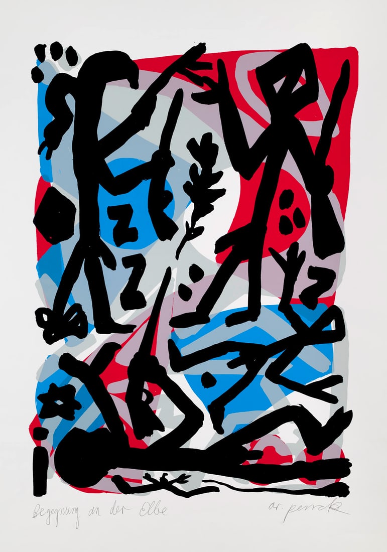 A. R. Penck Begegnung an der Elbe. 1995. Farbserigraphie auf glattem, leichtem Velin. 68,2 x 49 cm (1 of 1)