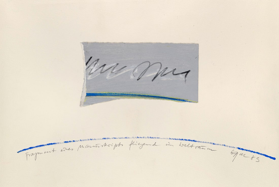 Winfred Gaul Fragment eines Manuskripts fliegend im Weltraum. 1983. Wachskreide und Tusche auf: Deutsche NachrkriegsmoderneWinfred GaulFragment eines Manuskripts fliegend im Weltraum. 1983. Wachskreide und Tusche auf Velin. 44 x 65,5 cm. Signiert, datiert und betitelt. Punktuell unter Passeparto