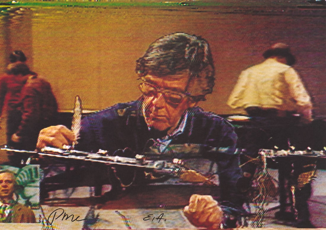 Nam June Paik Satelite Duo. 1995. Farboffsetlithographie auf leichtem Velinkarton. 59,5 x 84,2 cm.: FluxusNam June PaikSatelite Duo. 1995. Farboffsetlithographie auf leichtem Velinkarton. 59,5 x 84,2 cm. Signiert und bezeichnet "E.A.". - In den Kanten punktuell leicht berieben, die Ecken etw. besto&
