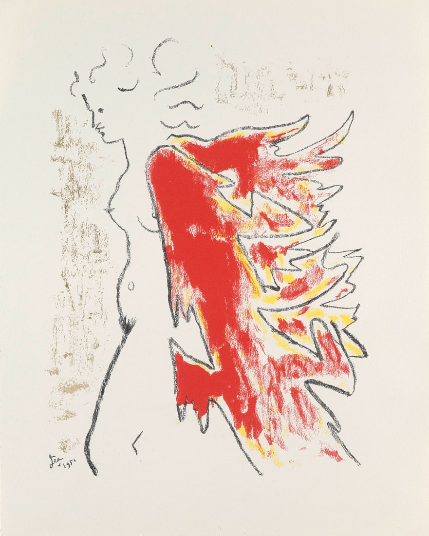 Jean Cocteau Sous le manteau de feu. 1954. Farblithographie auf Velin. 34 x 24 cm (41,5 x 33,4 cm).: Französische ModerneJean CocteauSous le manteau de feu. 1954. Farblithographie auf Velin. 34 x 24 cm (41,5 x 33,4 cm). In der Platte signiert und datiert. - Insgesamt sehr gut. Prachtvoller, krei
