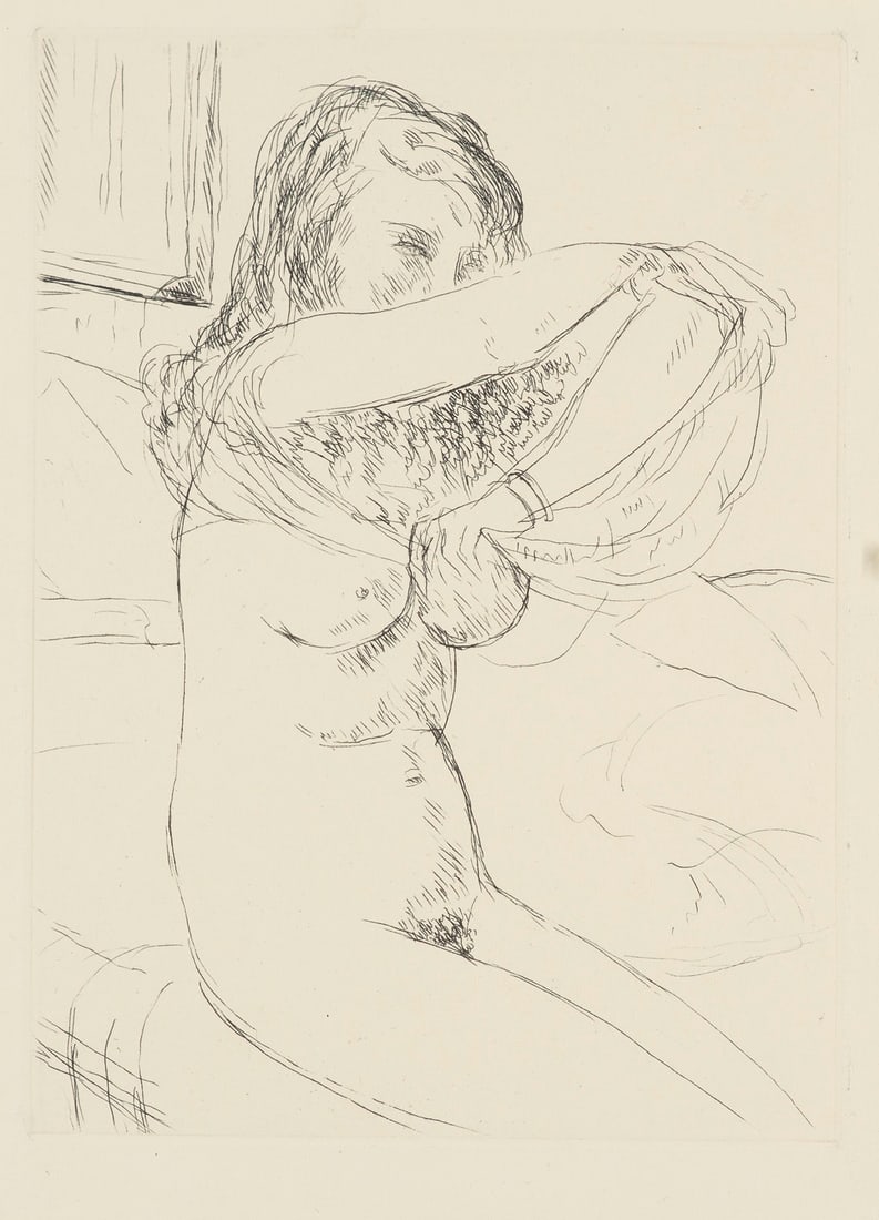 de Segonzac, André Albert Marie Dunoye Femme enlevant sa chemise. 1968. Kaltnadelradierung auf: Französische Modernede Segonzac, André Albert Marie DunoyeFemme enlevant sa chemise. 1968. Kaltnadelradierung auf festem Velin. 21,2 x 15,5 cm. (23,6 x 17,5 cm). - Verso mit Montageresten. P