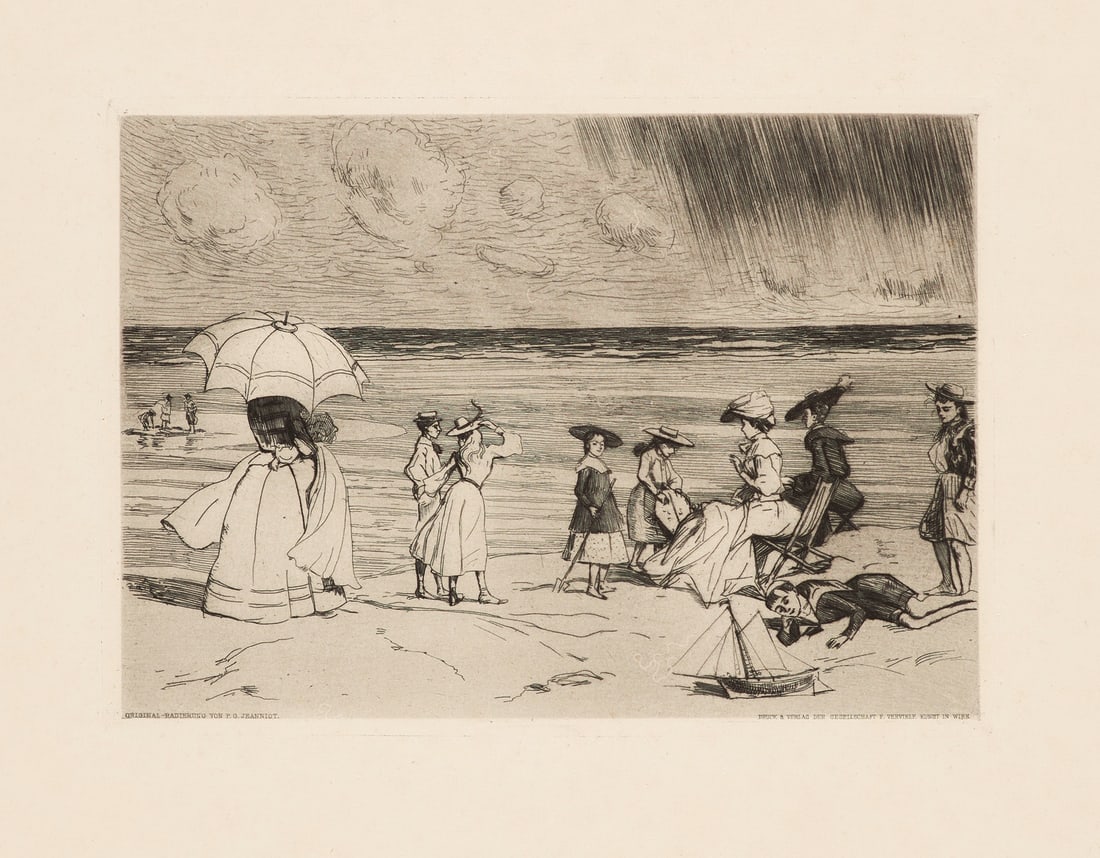 Pierre-Georges Jeanniot Am Strand. Radierung auf Bütten. 15 x 21 cm (40 x 40,6 cm). Im: Französische ModernePierre-Georges JeanniotAm Strand. Radierung auf Bütten. 15 x 21 cm (40 x 40,6 cm). Im Unterrand mit der gestochenen Schrift. - Leicht stockfleckig und mit dezenten Flecke