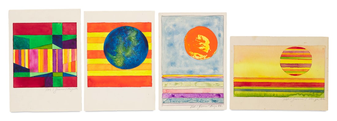 Robert Salomon Gessner 8 Aquarelle. Grüße aus Ibiza. Je um 1969-1982. Je Aquarell bzw.: Geometrische AbstraktionRobert Salomon Gessner8 Aquarelle. Grüße aus Ibiza. Je um 1969-1982. Je Aquarell bzw. Aquarell und Collage aus bemalter Leinwand auf festem Velin. Je ca. 10 x 10 cm (