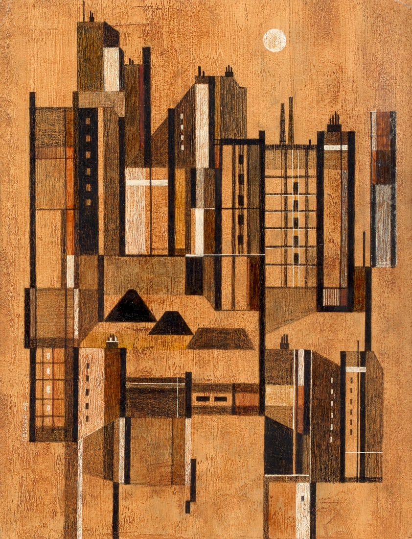 Robert Salomon Gessner Stadt. 1948. Gouache auf Karton. 31 x 24,5 cm. Signiert und datiert, verso: Geometrische AbstraktionRobert Salomon GessnerStadt. 1948. Gouache auf Karton. 31 x 24,5 cm. Signiert und datiert, verso bezeichnet. Kanten partiell minimal bestoßen. Verso mit Resten früher