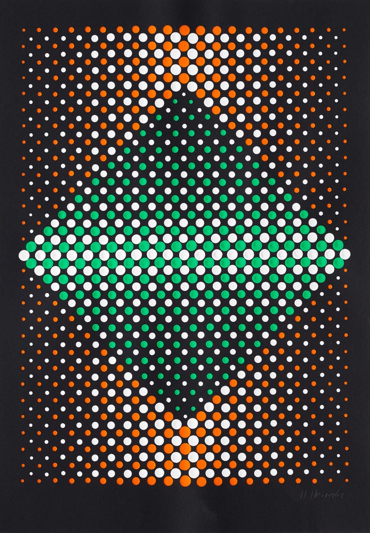 Hajo Heinecke 2 Arbeiten. o. T. (Op-Art Kompositionen). Je Acryl auf festem weißen und: Geometrische AbstraktionHajo Heinecke2 Arbeiten. o. T. (Op-Art Kompositionen). Je Acryl auf festem weißen und schwarzen Velin. Je 43 x 31 cm (50 x 35 cm). Je signiert. - Eine Ecke dezent knickspu
