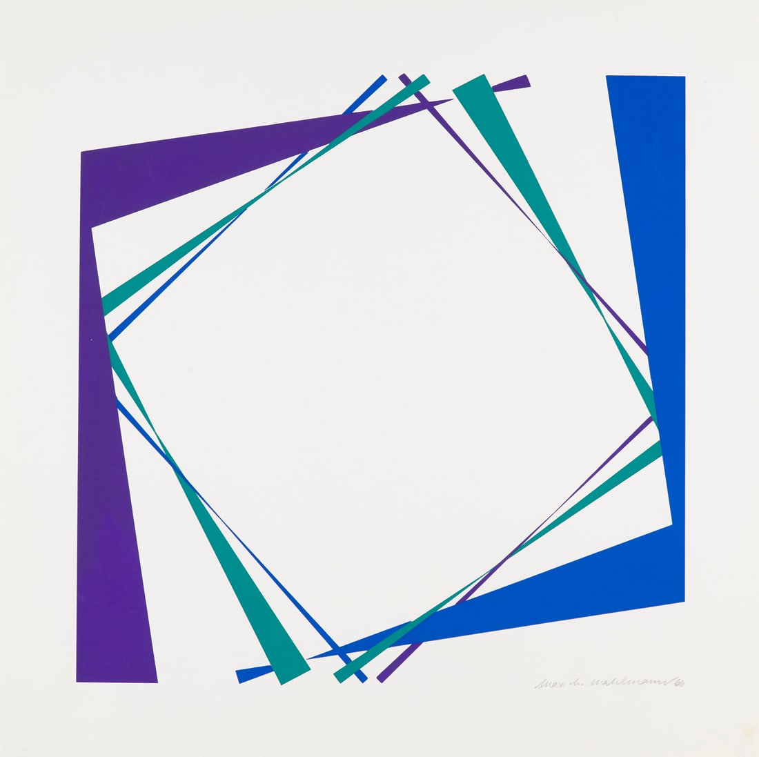 Max Hermann Mahlmann Geometrische Komposition. 1966. Farbserigraphie auf glattem Velin. 29,5 x 30 cm: Geometrische AbstraktionMax Hermann MahlmannGeometrische Komposition. 1966. Farbserigraphie auf glattem Velin. 29,5 x 30 cm (38 x 38 cm). Signiert und datiert. - Ganz dezent griffspurig und minimale K