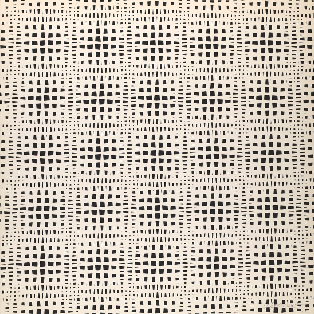 François Morellet o.T. 1971. Serigraphie auf festem Vélin. 61 x 61 cm. In Bleistift: Geometrische AbstraktionFrançois Morelleto.T. 1971. Serigraphie auf festem Vélin. 61 x 61 cm. In Bleistift signiert. - In den Rändern leicht gebräunt und sehr vereinzelt mit kaum m
