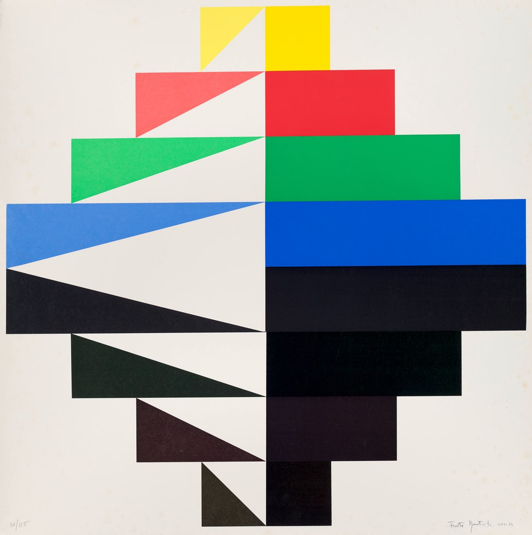 Fausta Squatriti Chromatic weights. 1972/1985. Serigraphie auf Velin. 68 x 68 cm. Signiert, datiert: Geometrische AbstraktionFausta SquatritiChromatic weights. 1972/1985. Serigraphie auf Velin. 68 x 68 cm. Signiert, datiert und nummeriert. - Vereinzelt mit Braunflecken. Ecken leicht bestoßen. Ob