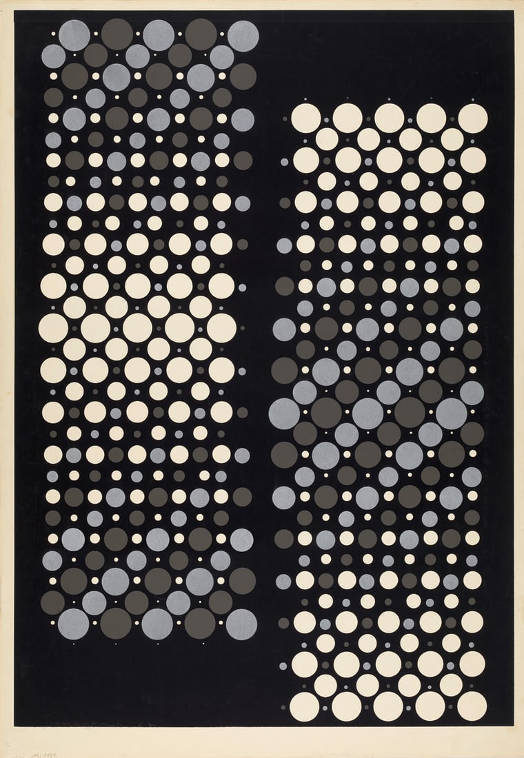 Almir da Silva Mavignier o.T. (Komposition in Schwarz und Silber). 1963. Farbserigraphie auf: Geometrische Abstraktion - Op ArtAlmir da Silva Mavigniero.T. (Komposition in Schwarz und Silber). 1963. Farbserigraphie auf Schoellershammer-Velin (mit Trockenstempel). 85 x 59,5 cm (90,2 x 62,5 cm).