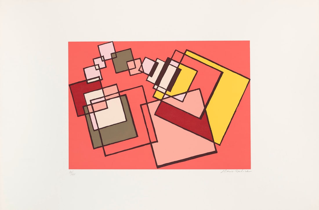 Mario Radice o.T. (Composizione Astratta Rosa). (1974). Farbserigraphie auf festem Velin. 26 x 37 cm: Italienische ModerneMario Radiceo.T. (Composizione Astratta Rosa). (1974). Farbserigraphie auf festem Velin. 26 x 37 cm (44,5 x 66 cm). Signiert und nummeriert. - Die Ecken etwas bestoßen, im unt